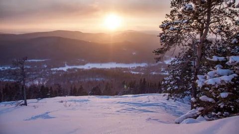Winter sunset in the Ural mountains Video stock 87031278
