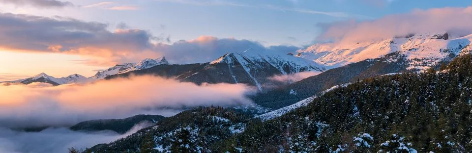 Winter Sunset View From Cotefablo Pass in the Spanish Pyrenees Stock Photos