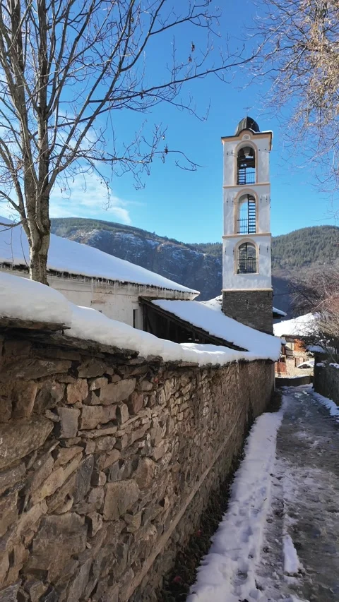 Winter Sunset view of Village of Kovachevitsa, Bulgaria Stock Footage 346457243