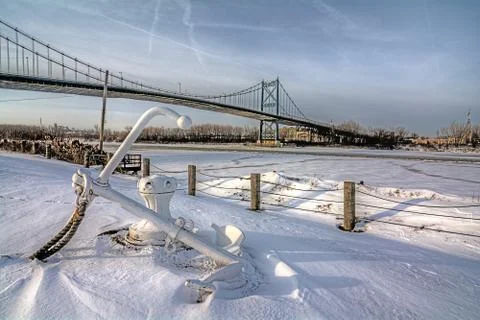 Winter suspension bridge Stock Photos