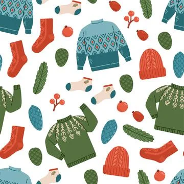 Winter sweater socks hat seamless pattern vector Stock Illustration