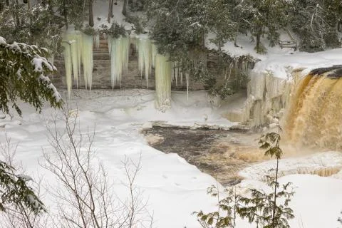 Winter at Tahquamenon Falls, Upper Michigan Waterfall, USA Stock Photos