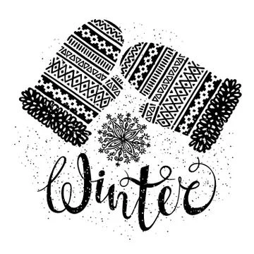 Winter text and knitted woolen mittens with snowflakes. Seasonal shopping Stock Illustration