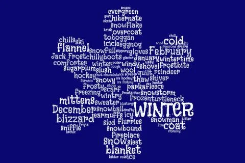Winter text cloud in the shape of a snowflake, for Christmas, holiday season Illustrazione stock