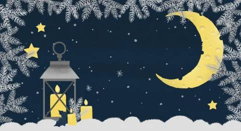 Winter texture blue background, cheese moon, spruce branches, stars and snowf Ilustração Stock