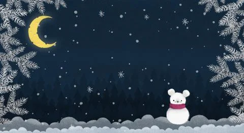 Winter texture blue background, cheese moon, spruce branches, stars and snowf Ilustração Stock