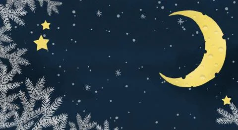 Winter texture blue background, cheese moon, spruce branches, stars and Ilustração Stock