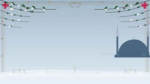 A Winter theme islamic text template with mosque on bottom right, ratio 16:9 Stock Illustration