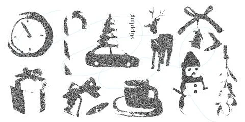 Winter-themed Holiday halftone Elements. Stippling Christmas Set. Isolated Stock Illustration