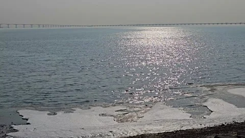 Winter Tidal Flats with Sparkling Ocean Sunlight and Distant Sea Bridge, 4K Vídeos de archivo 330165341