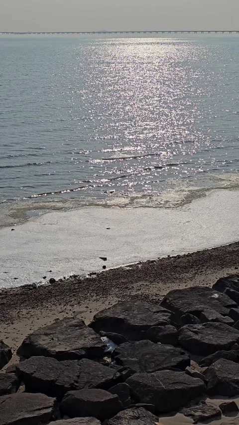 Winter Tidal Flats with Sparkling Ocean Sunlight and Rocky Shore, 4K Vídeos de archivo 330165374