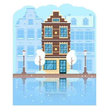Winter time Amsterdam.Buildings in the snow.Vector flat illustration. Ilustración de archivo