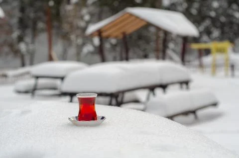 Winter time and turkish tea Stock Photos