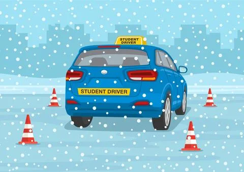 Winter time car drive practicing. Back view of suv practicing a front parking. Stock Illustration
