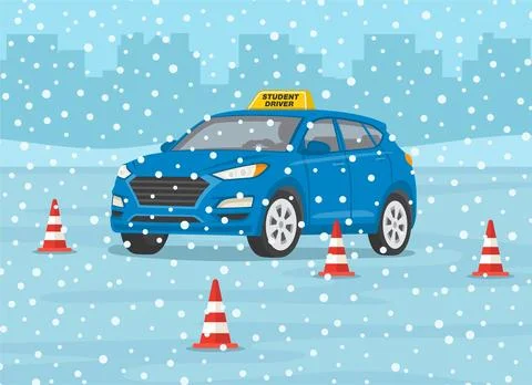 Winter time car drive practicing. Maneuver practice on the test routes. Suv car. Illustrazione stock