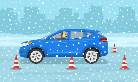 Winter time car drive practicing. Side view of car practicing a reverse parking. Stock Illustration