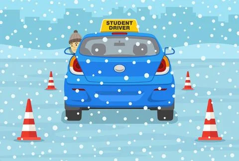 Winter time car drive practicing. Back view of car practicing a reverse parking. Stock Illustration