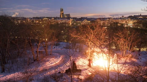 Winter time-lapse bon-fire Hornstull Stockholm Vidéo 59134905