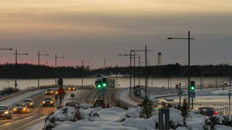 Winter time lapse of traffic over foggy bridge Stock Footage 60583428