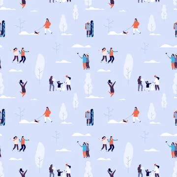Winter time seamless pattern. Couples and kids outdoor, people in snowy forest Stock Illustration