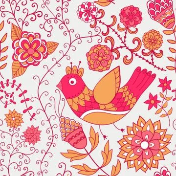 Winter time seamless texture with flowers, birds and butterflies. seamless pa Stock Illustration