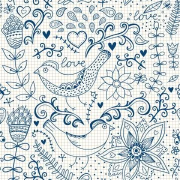 Winter time seamless texture with flowers, birds and butterflies. seamless pa Stock Illustration