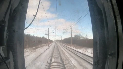 Winter timelapse through the window last wagon, with self that is lost in the Stock Footage 254431868