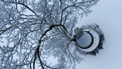 Winter Tiny Planet Panorama of Snowy Trees and Village Stock Photos