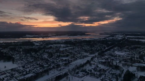 Winter town aerial hyperlapse sunset scenic clouds Stock Footage 257792433