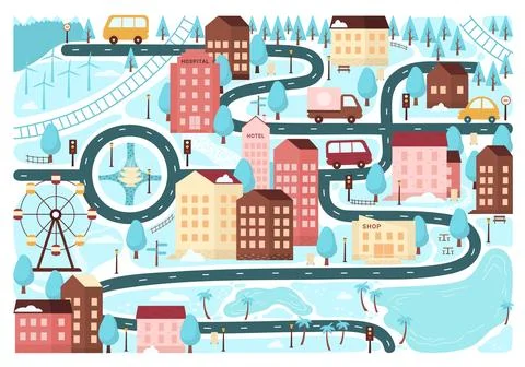 Winter town map, Christmas cute city houses and road with snow for kids board Stock Illustration