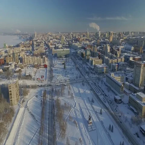 Winter town with a river view. Stock Footage 69550480