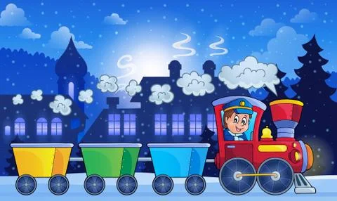 Winter town with train - illustration. Stock Illustration