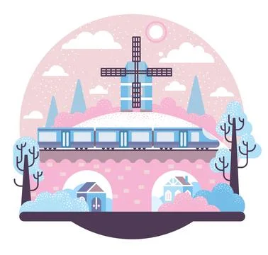 Winter train journeys - vector cartoon illustration in flat stile Stock Illustration