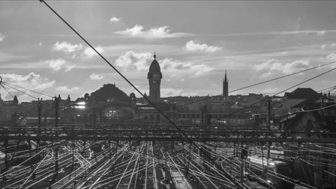 Winter Train Station in Black and White with train, Timelapse, France, Limoges Video stock 146471530