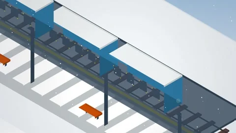 Winter train station platform with snow falling, empty benches, and tracks. Vídeos de archivo 346660756