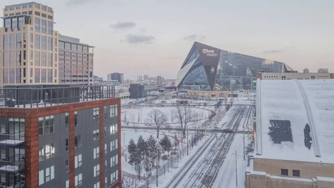 Winter Train Traffic Past US Bank Stadium in Minneapolis Stock Footage 102724305