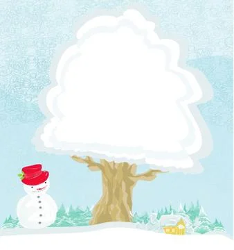 Winter tree background - landscape with a house, Christmas trees and snowman Stock Illustration