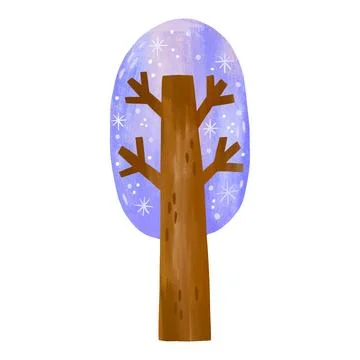 Winter tree hand drawn raster art covered with snowflakes blue snowy crown .. Stock Illustration