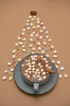 Winter Tree from Hot chocolate cup and Marshmallows Stock Photos