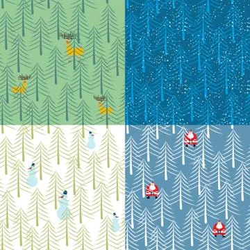 Winter tree seamless pattern. Trees in snow and Santa Claus. Winter forest an Illustrazione stock