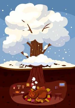 Winter tree snow white, cute Bear is sleeping in a burrow, hole Stock Illustration