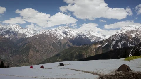 Winter Trekking Camp In The Himalayas With Dramatic Snow Covered Mountain Range Stock Footage 347125184