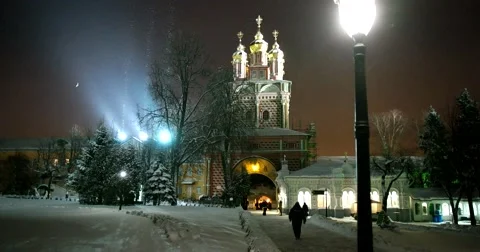 Winter, twilight, backlight, lighting, snow, temples, cathedrals Stock Footage 67566016