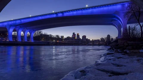 Winter Twilight under Iconic 35W Bridge in Minneapolis Stock Footage 73460882