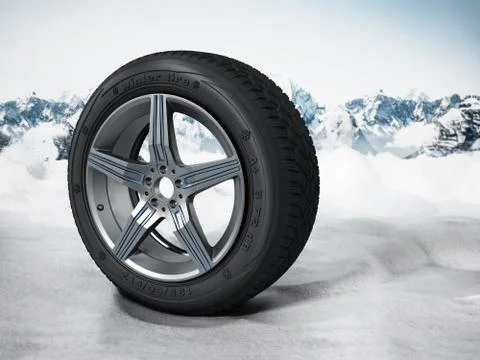 Winter tyre standing on snow. 3D illustration Stock Illustration
