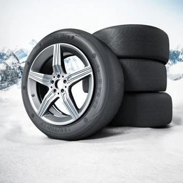 Winter tyres standing on snow. 3D illustration Stock Illustration