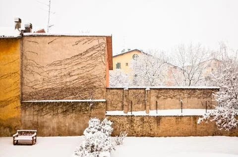 Winter urban scape with intense snowfall Stock Photos