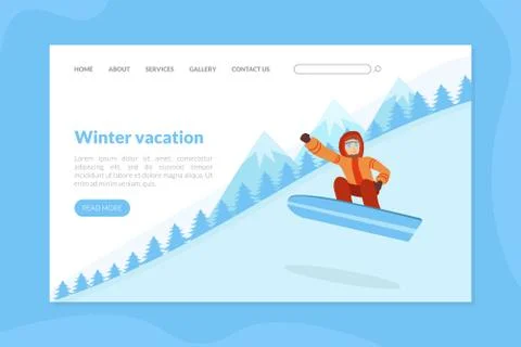 Winter Vacation Landing Page Template, Guy Dressed in Warm Clothing Jumping with Stock Illustration