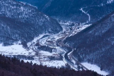 Winter valley landscape Stock Photos