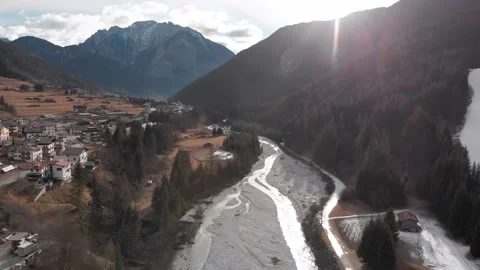 Winter Valley with River and Mountains Stock Footage 146938698